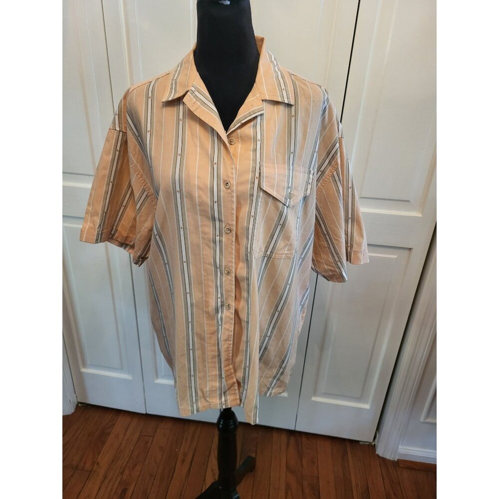 Vintage 80s/90s Peach/Tan Striped Camp Shirt Cabin Creek L Coastal Summer Beach